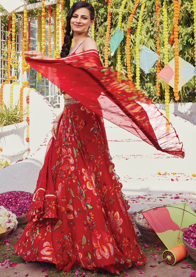 Floral Red silk corset lehenga