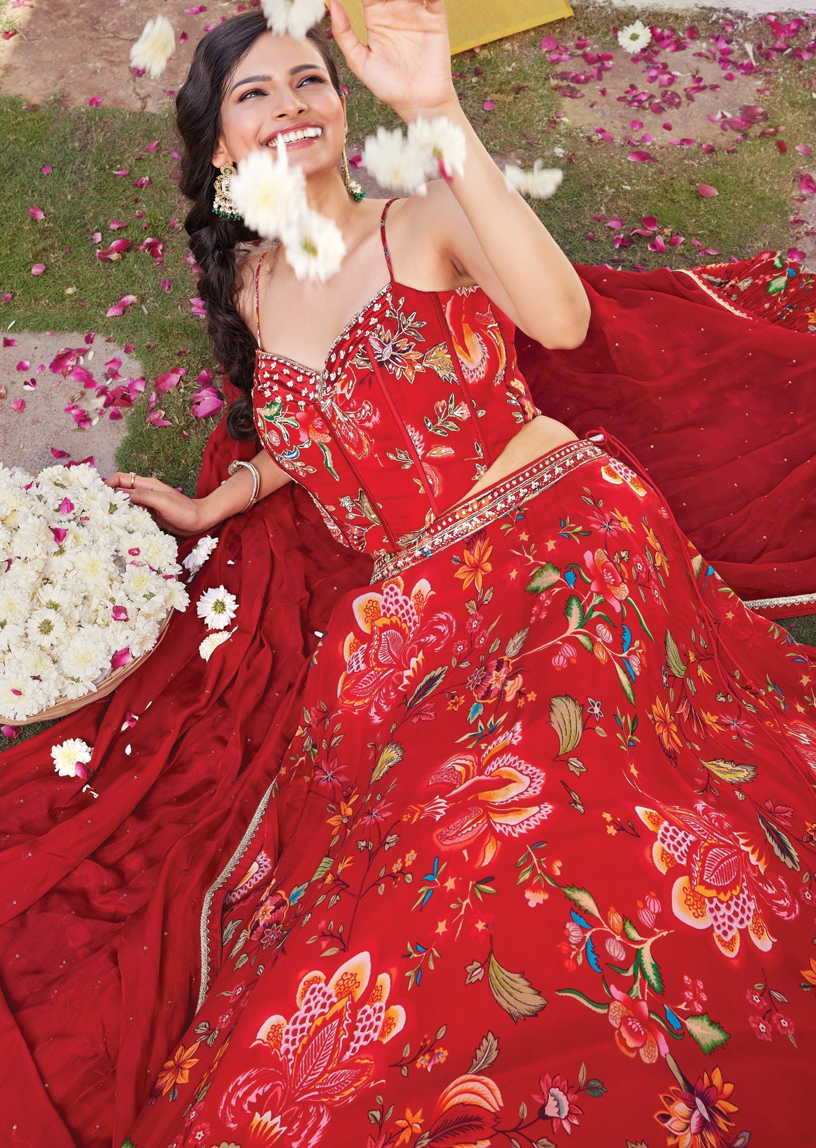 Floral Red silk corset lehenga