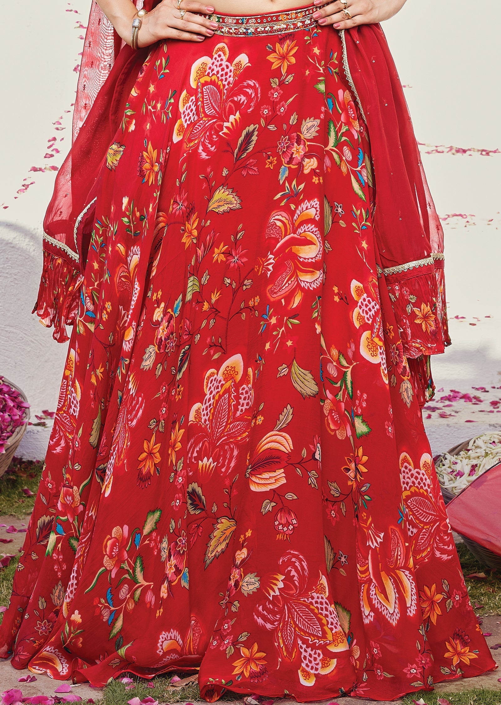 Floral Red silk corset lehenga