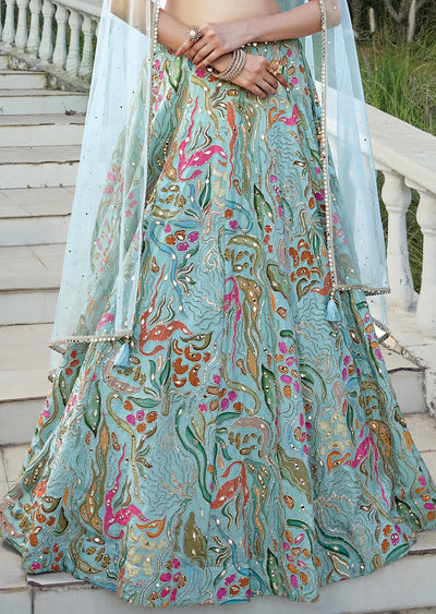 Luxury Dusty Green Chinnon Lehenga Set