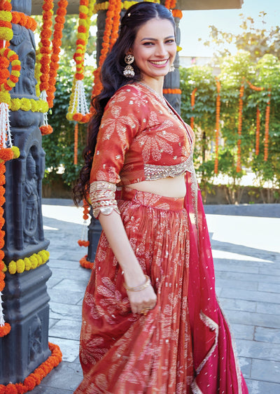 Rusty red silk lehenga