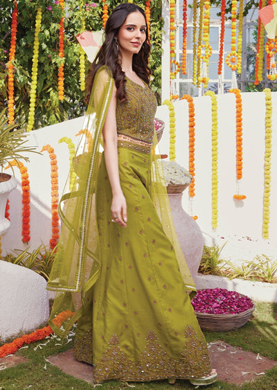 Olive green silk Sharara set