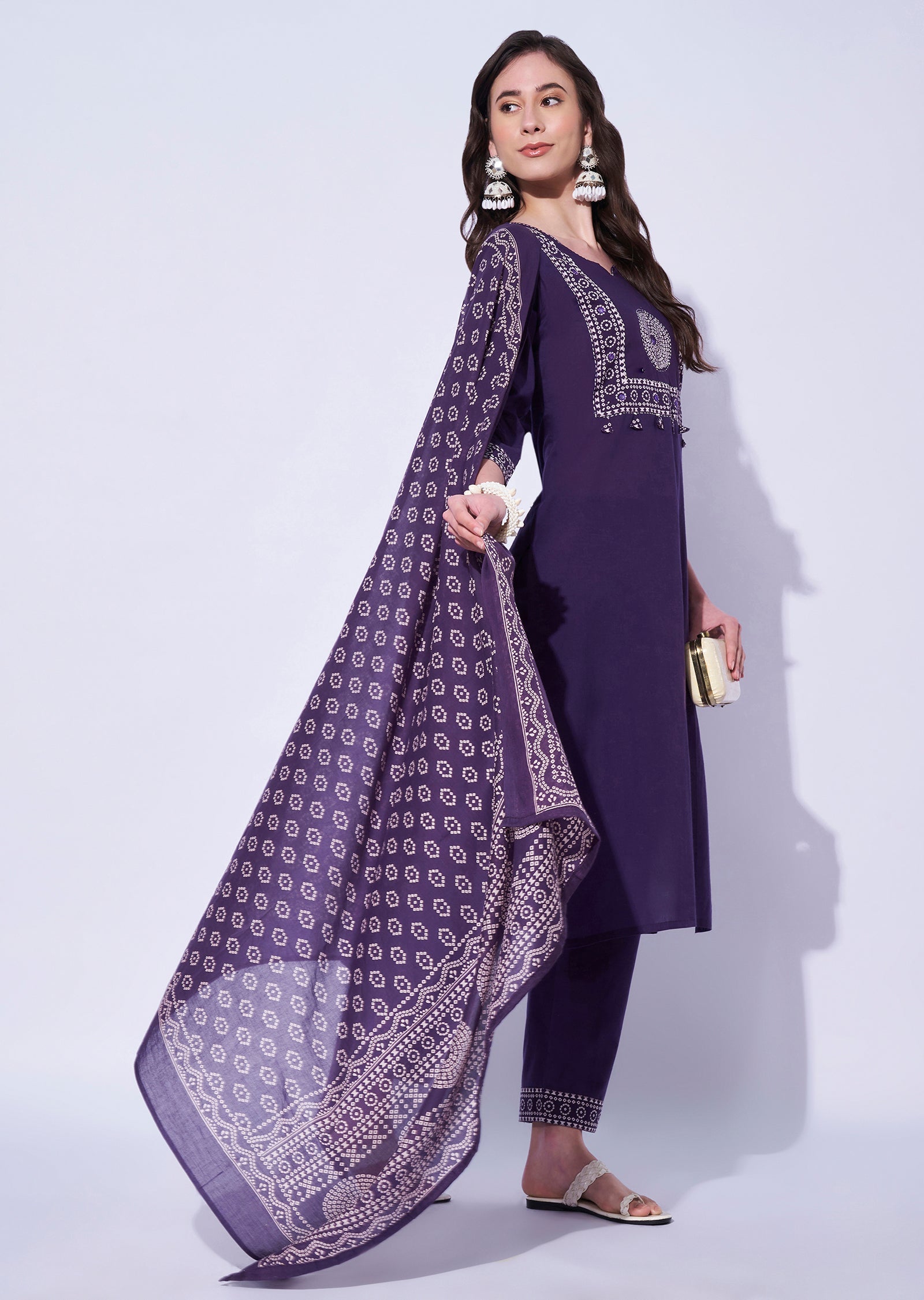 Purple Cotton Straight Cut Kurti Set