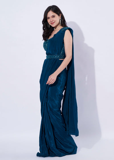 Teal Blue Crepe Indowestern Set