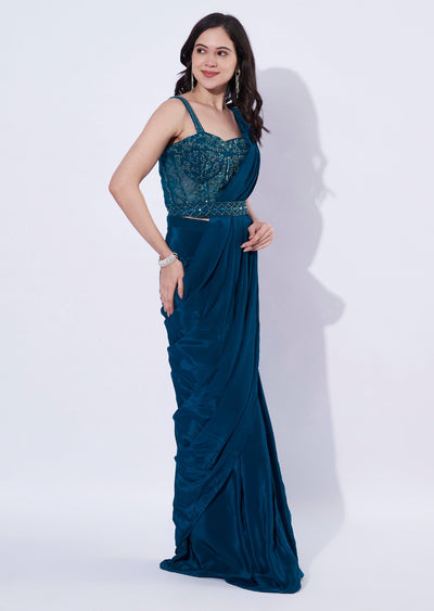 Teal Blue Crepe Indowestern Set