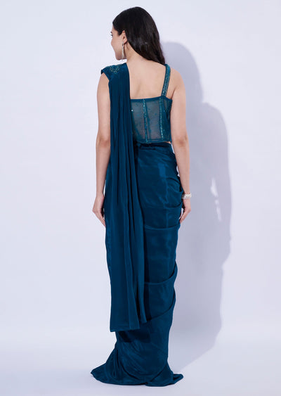 Teal Blue Crepe Indowestern Set