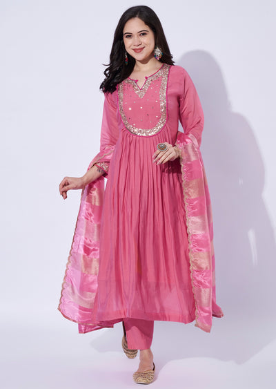 Pink Mul Chanderi Anarkali Suit