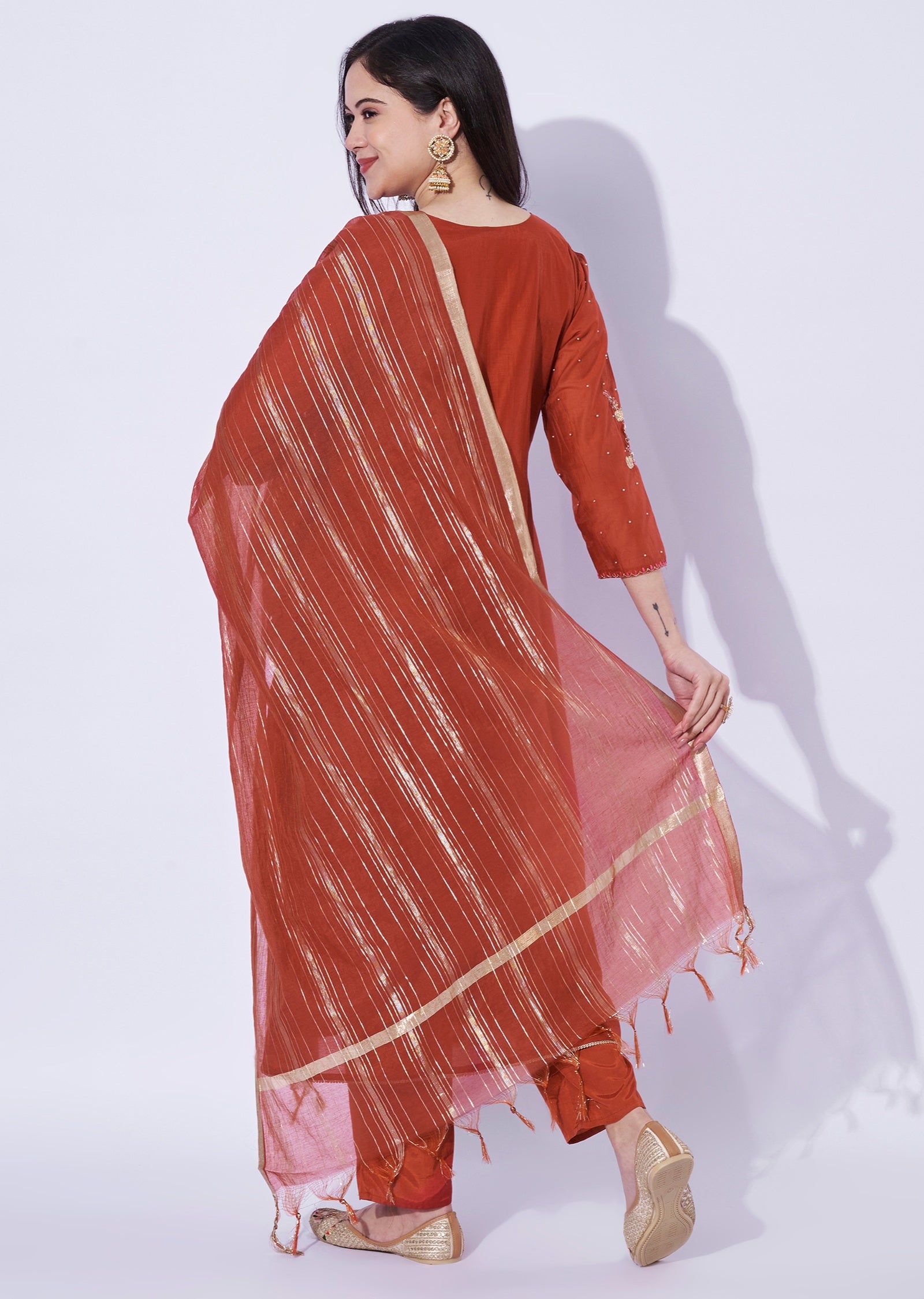 Rust Mul Chanderi Anarkali Suit