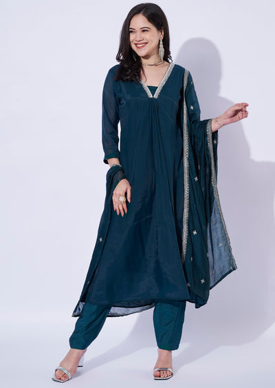 Teal Blue Mul Chanderi Anarkali Suit