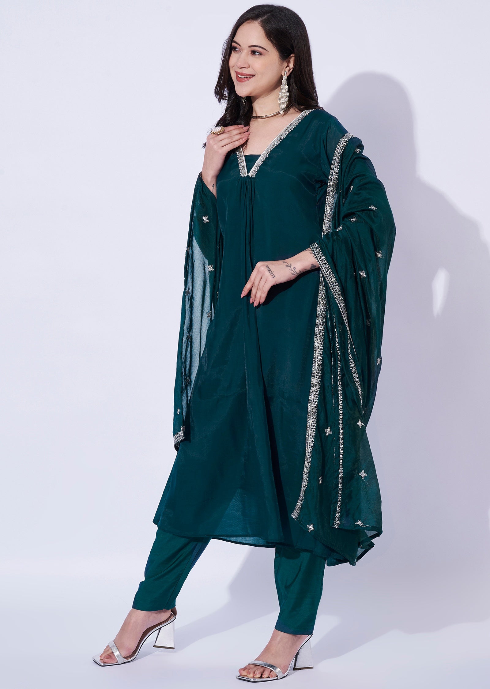 Teal Blue Mul Chanderi Anarkali Suit