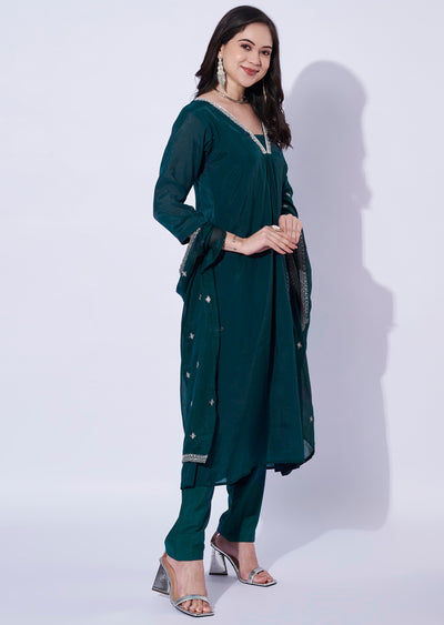 Teal Blue Mul Chanderi Anarkali Suit