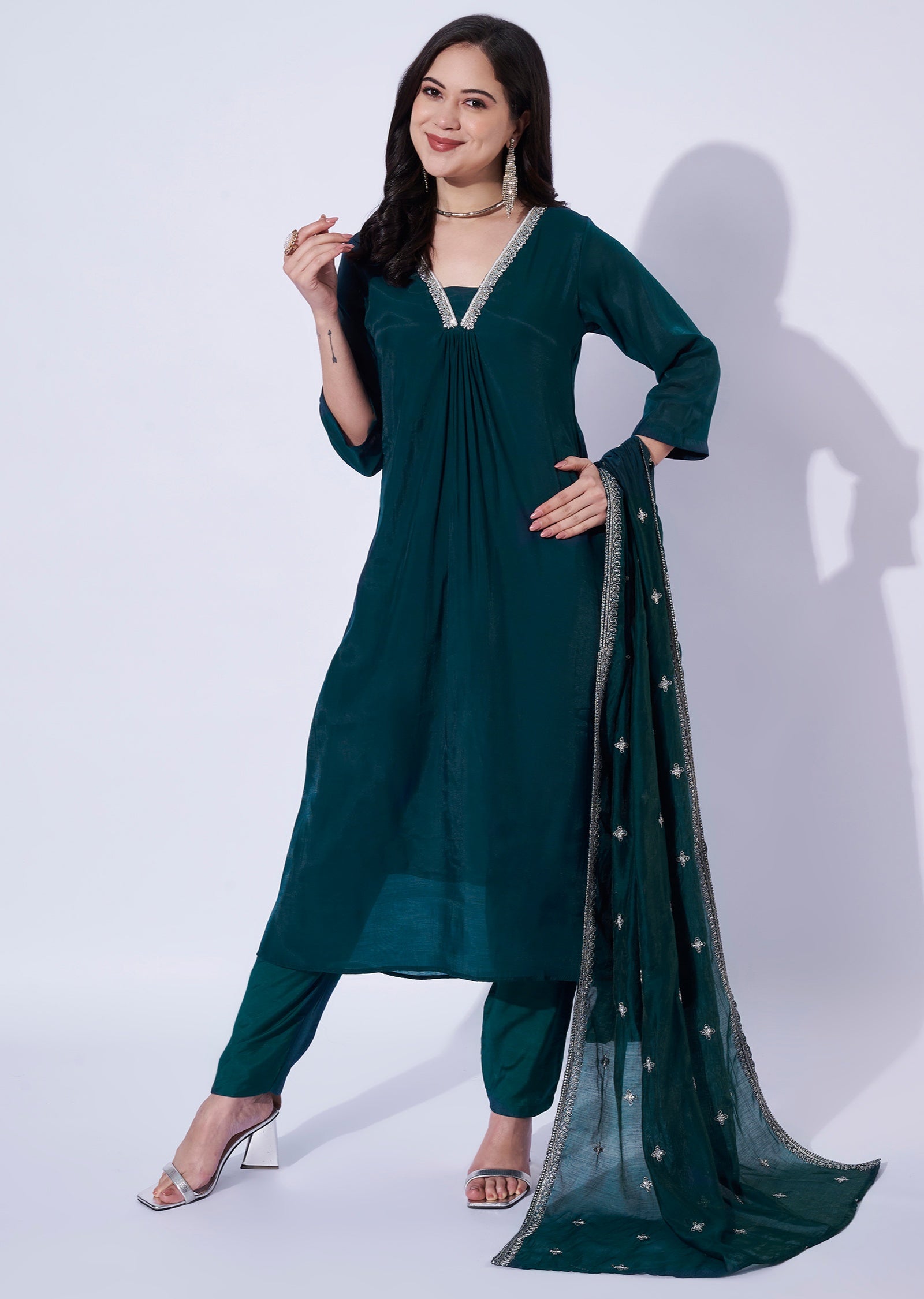 Teal Blue Mul Chanderi Anarkali Suit