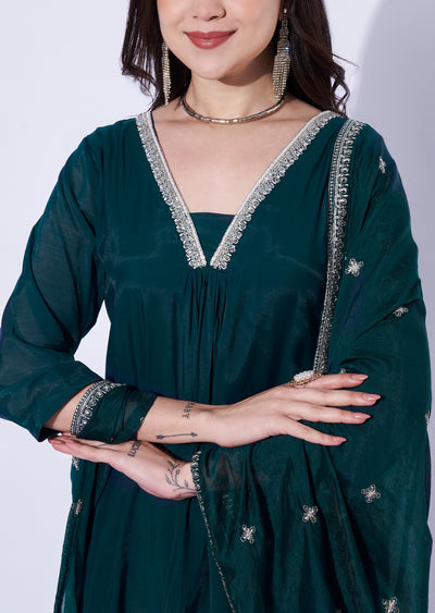 Teal Blue Mul Chanderi Anarkali Suit