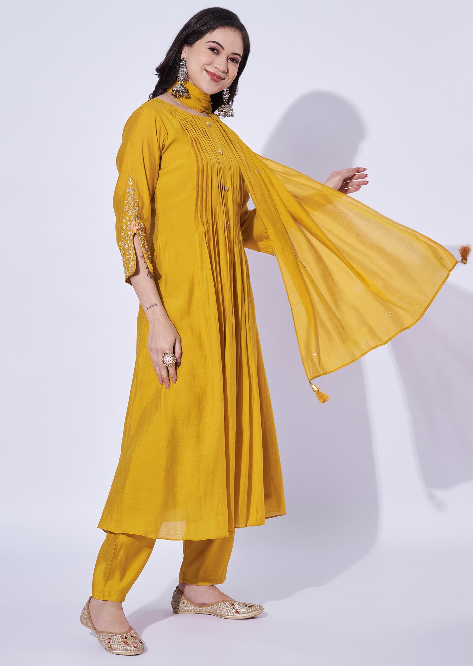 Yellow Mul Chanderi Anarkali Suit