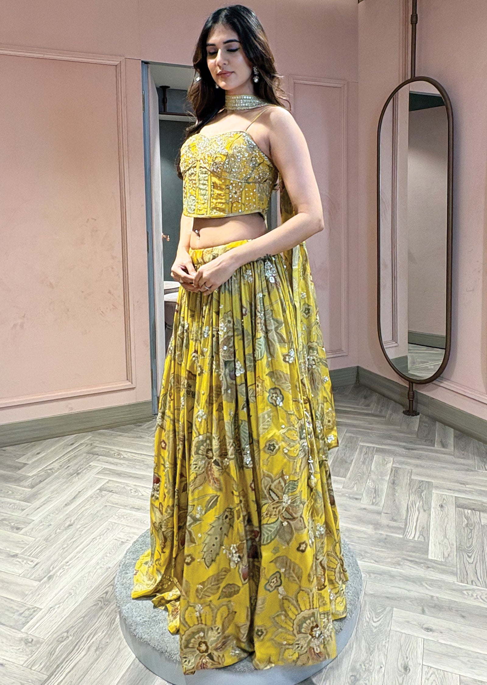 Mustard yellow floral printed corset lehenga