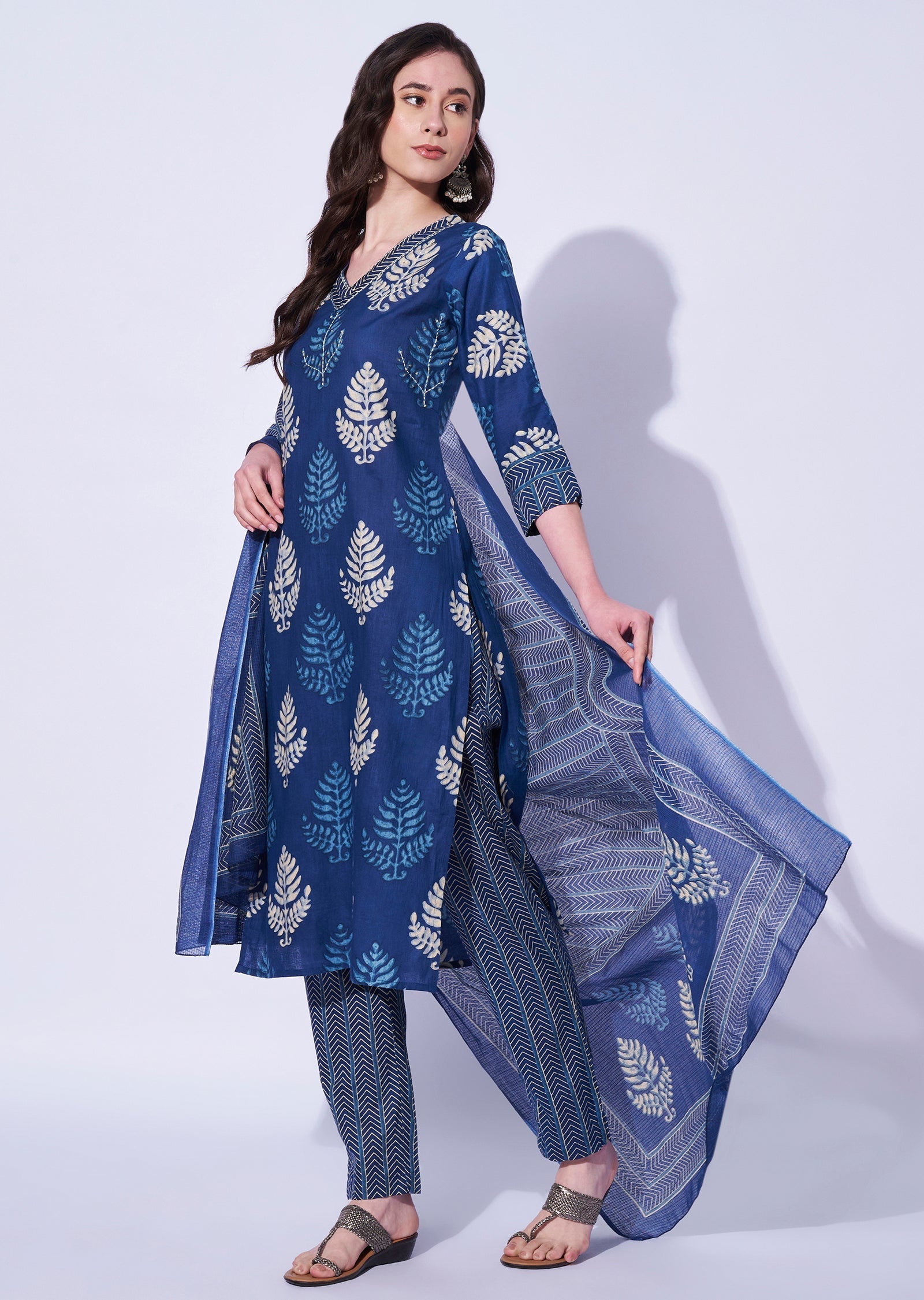 Blue Cotton Straight Cut Kurti Set