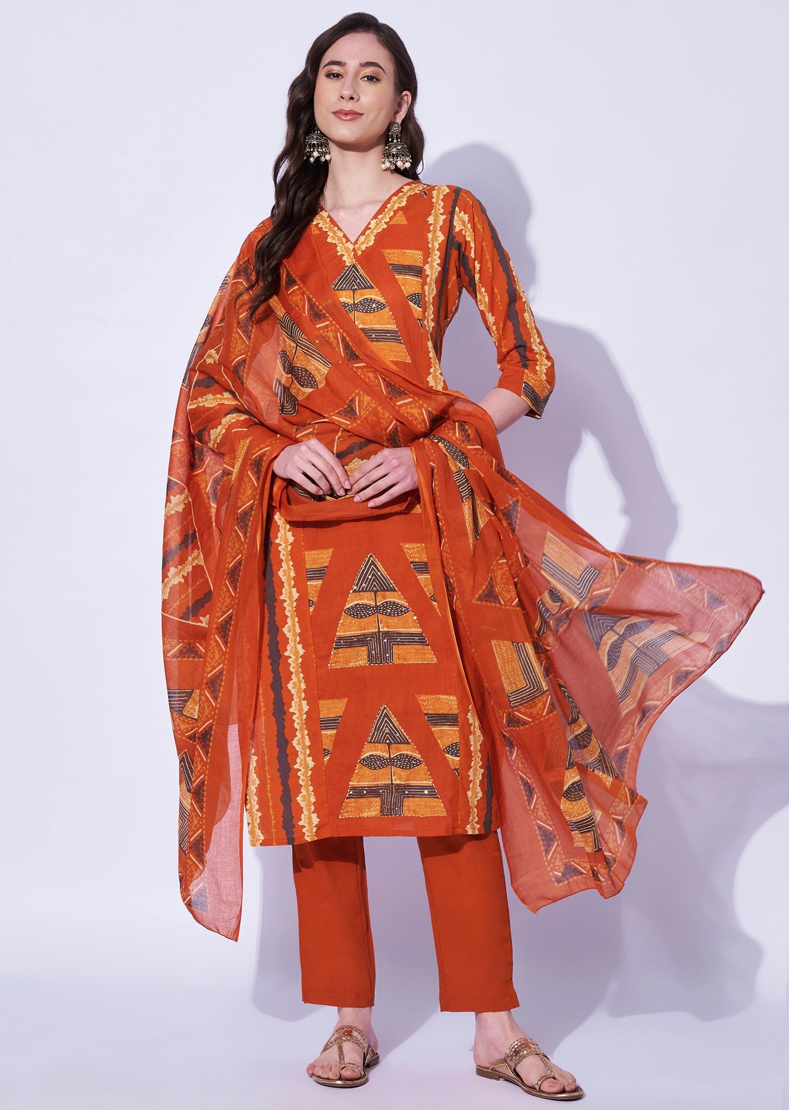 Rust Cotton Straight Cut Kurti Set
