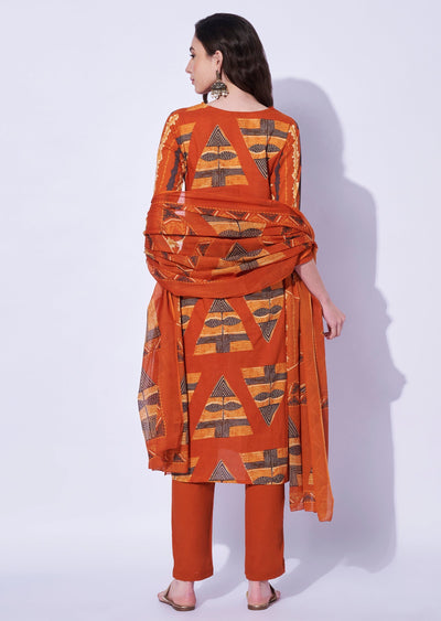 Rust Cotton Straight Cut Kurti Set