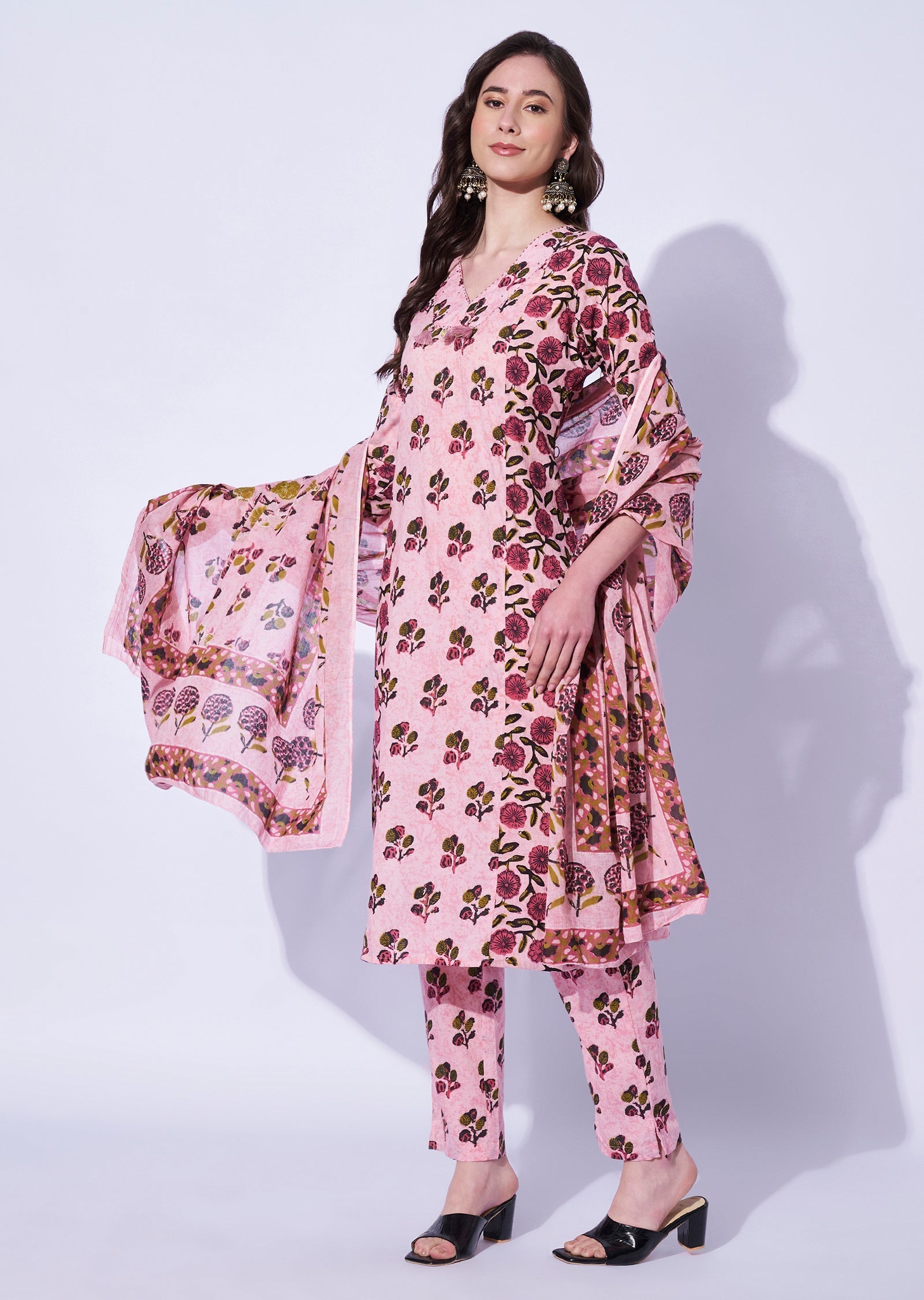 Pink Cotton Straight Cut Kurti Set