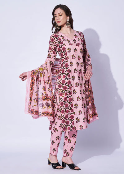 Pink Cotton Straight Cut Kurti Set