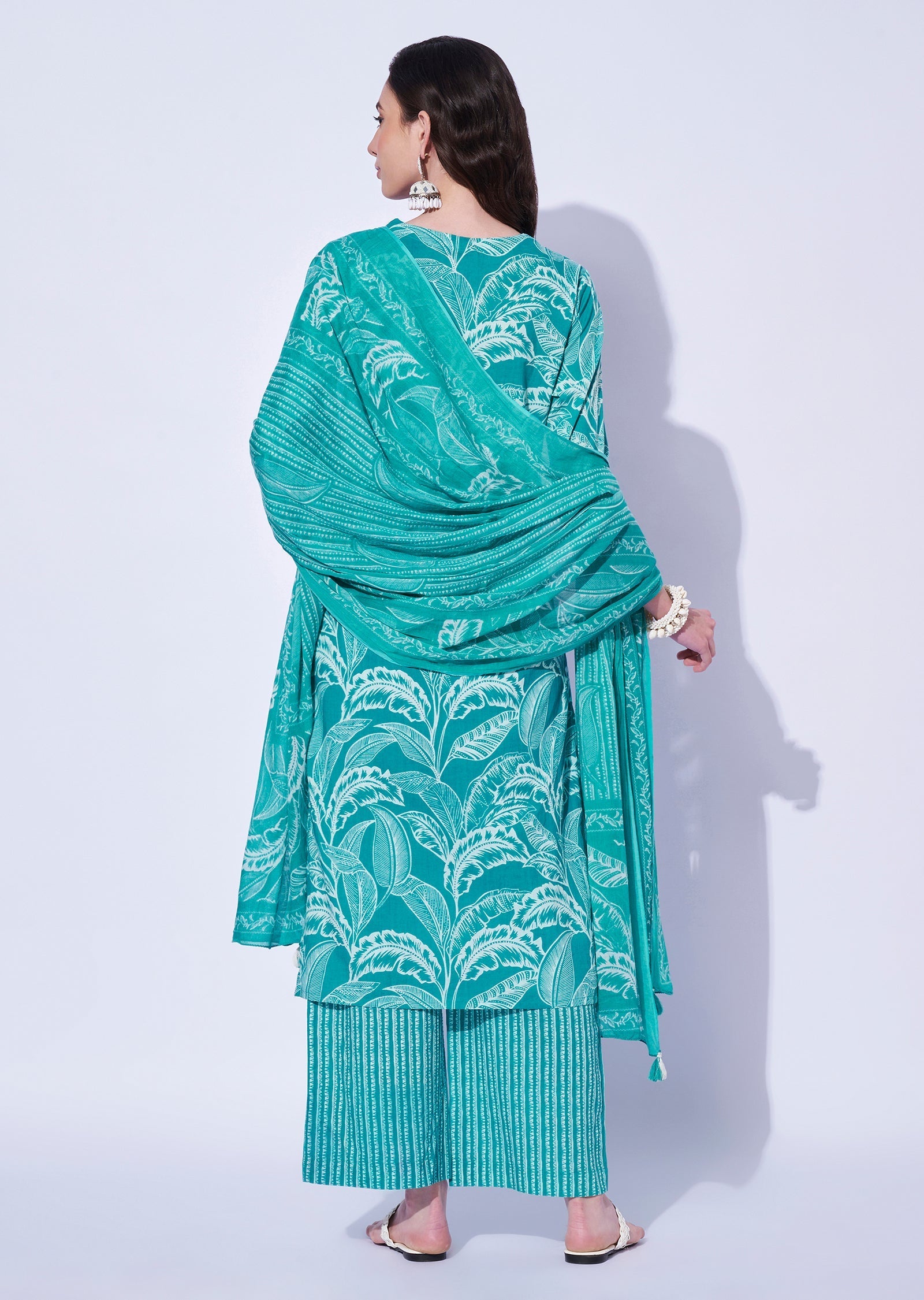 Sea Green Cotton Straight Cut Kurti Set