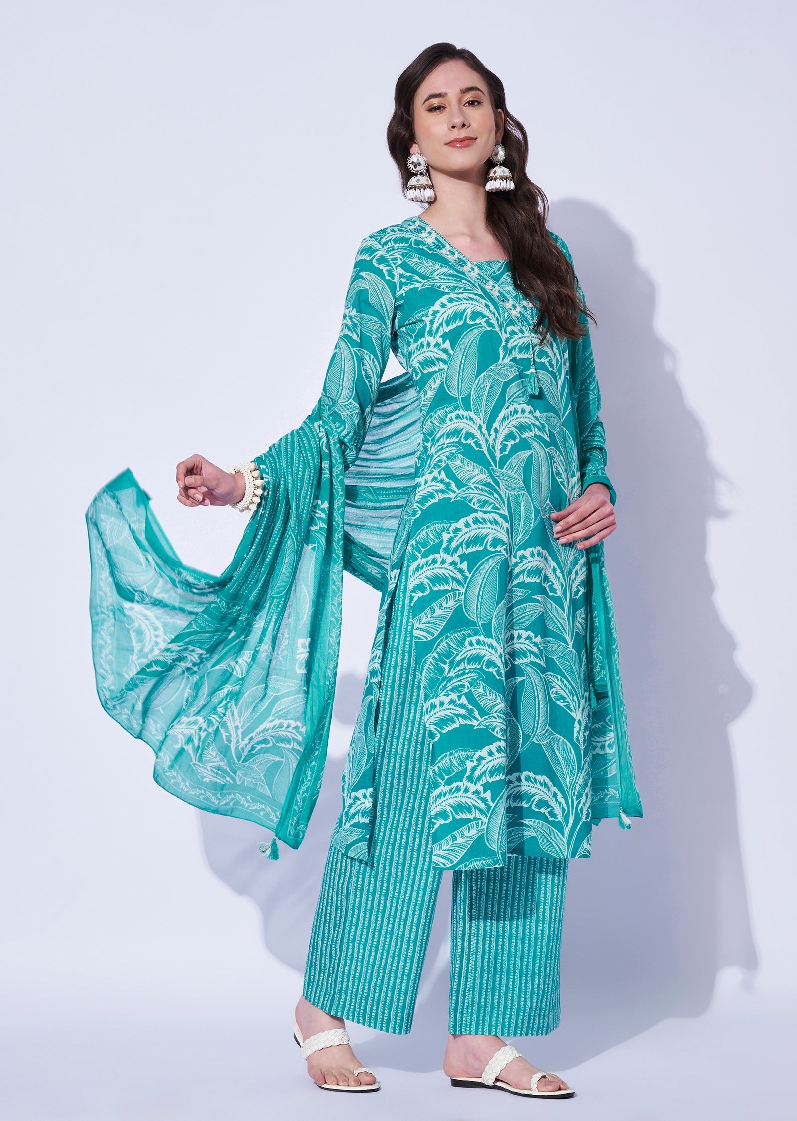 Sea Green Cotton Straight Cut Kurti Set