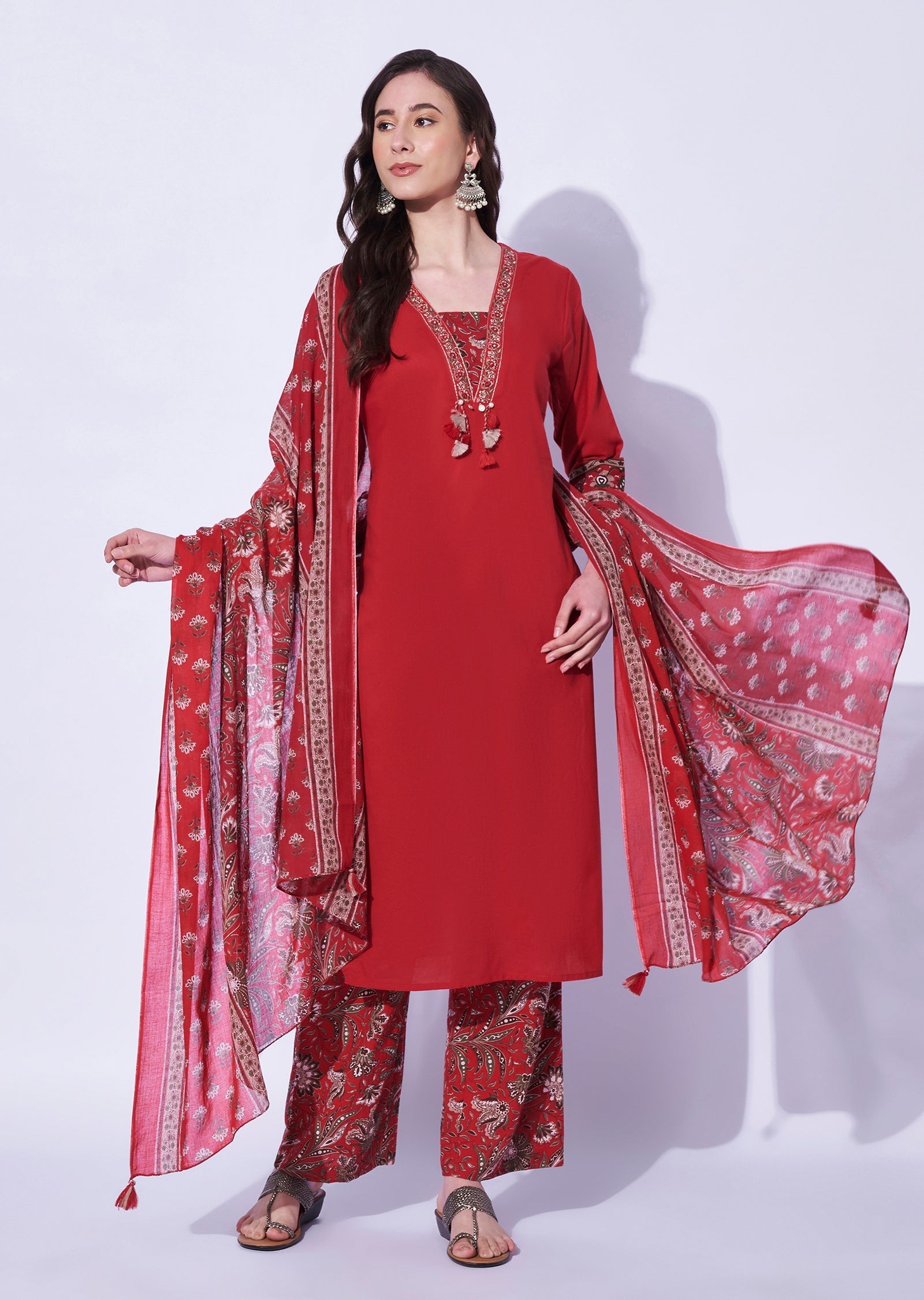 Red Cotton Straight Cut Kurti Set