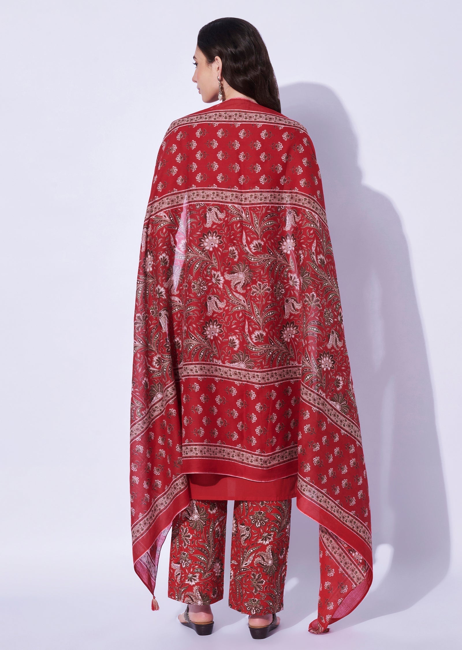 Red Cotton Straight Cut Kurti Set