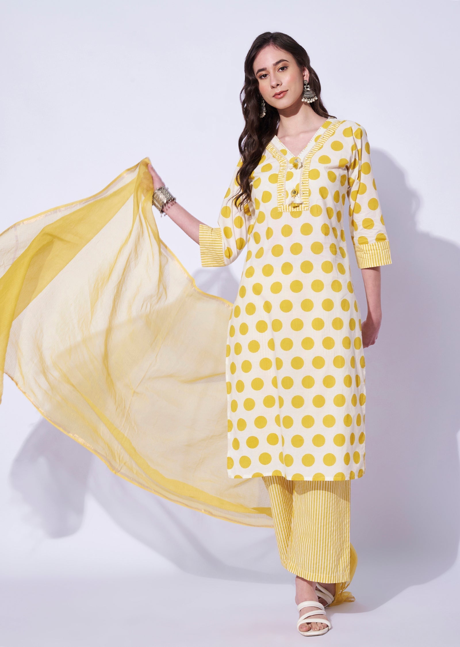 Yellow Cotton Straight Cut Kurti Set