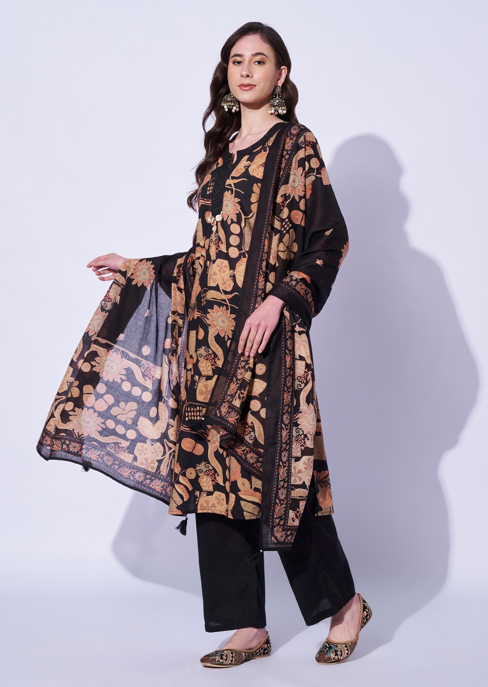 Black Cotton Straight Cut Kurti Set