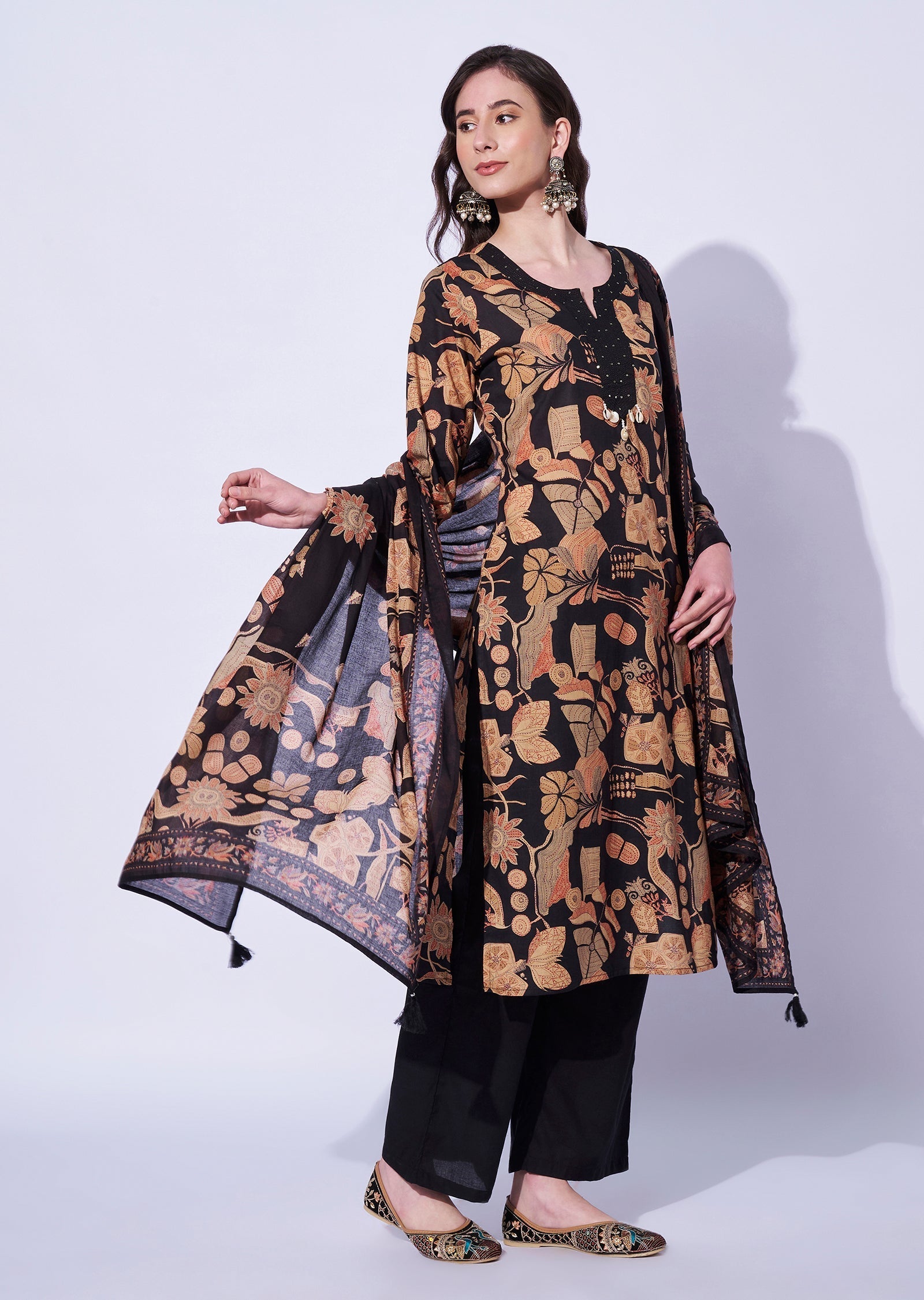 Black Cotton Straight Cut Kurti Set