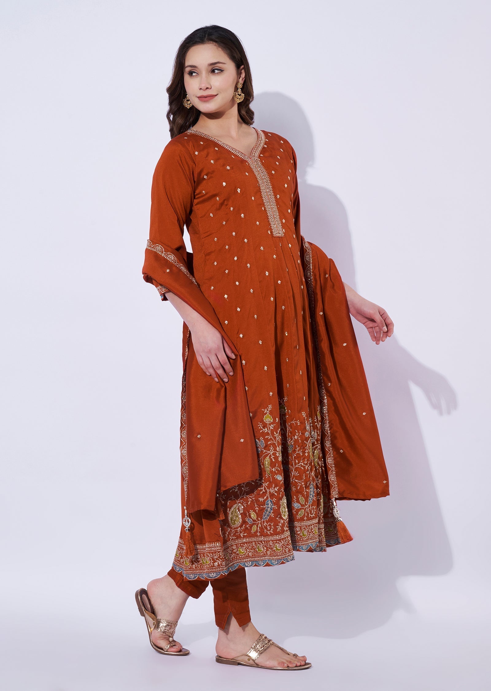 Rust Silk Anarkali Set