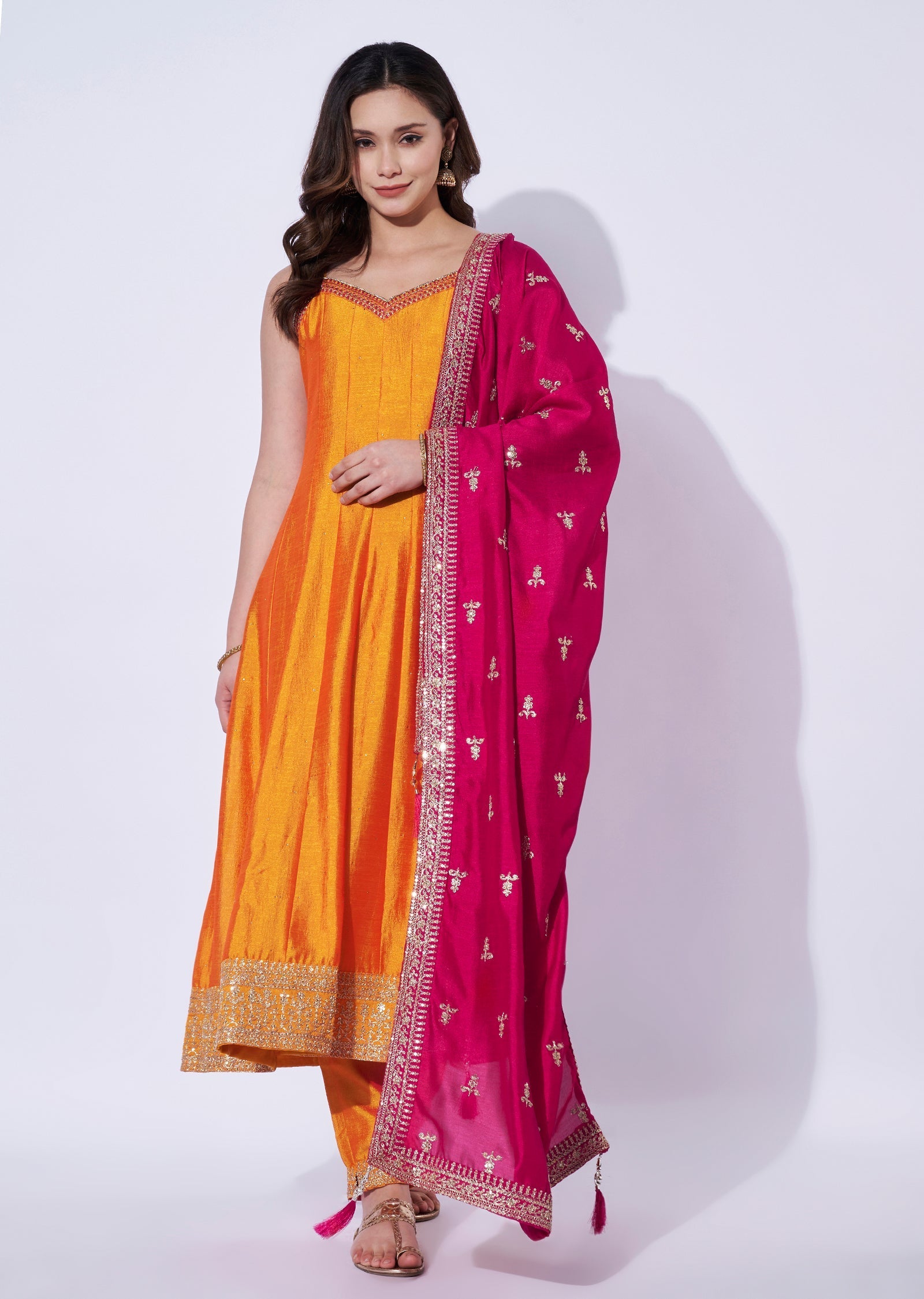 Orange Tissue Anarkali Set