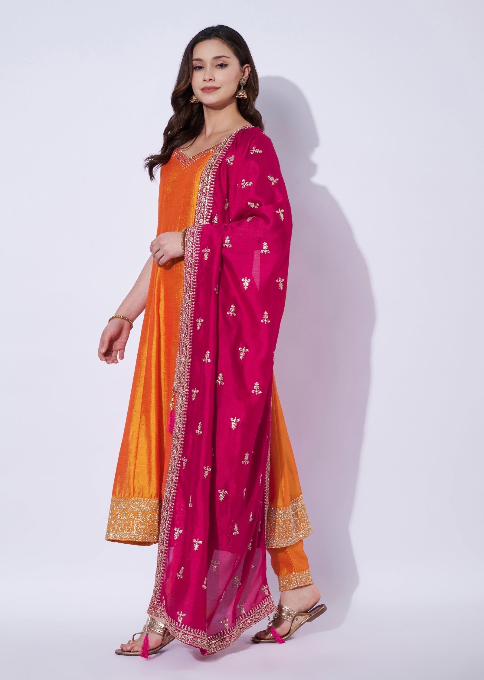 Orange Tissue Anarkali Set