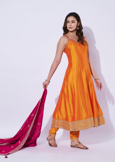 Orange Tissue Anarkali Set