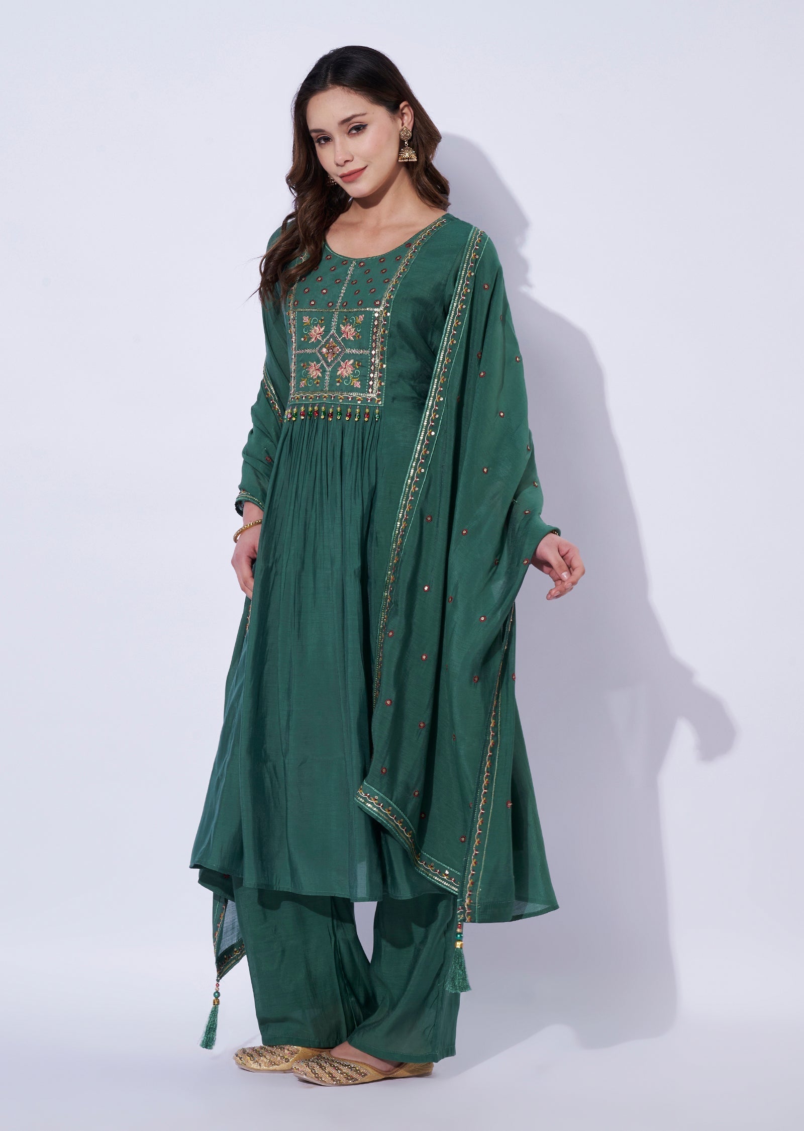 Green Chanderi Anarkali Set