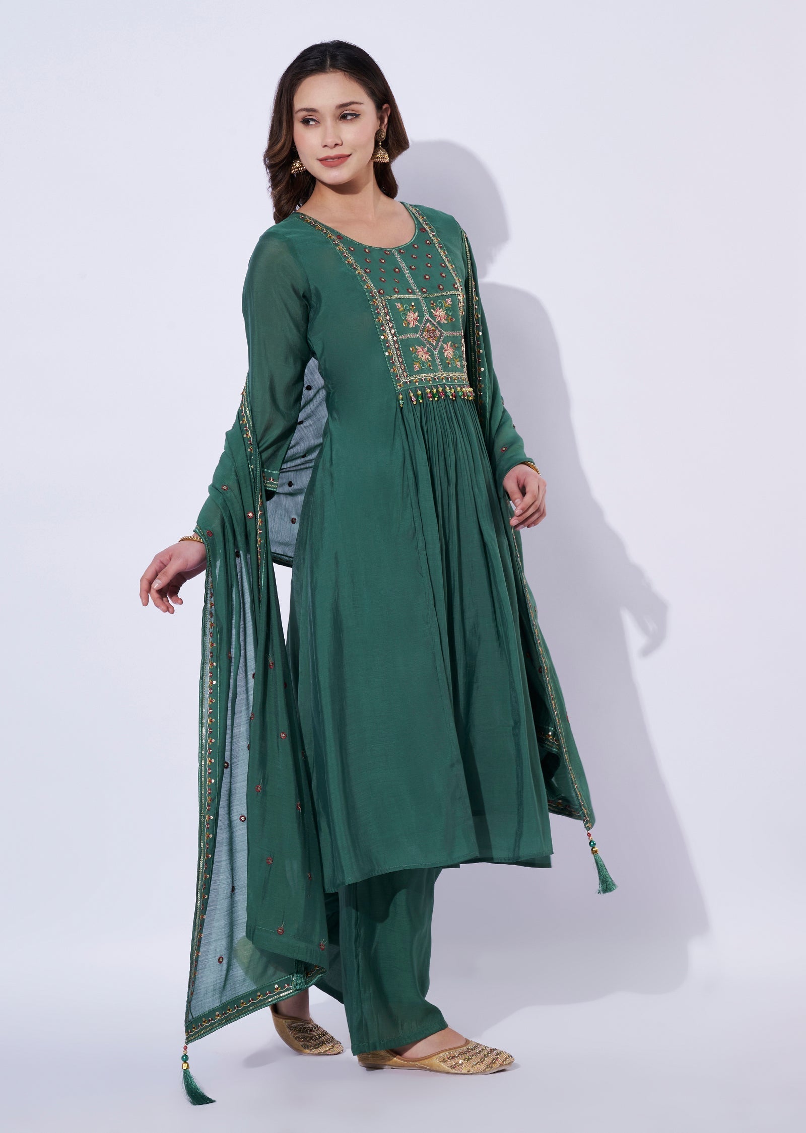 Green Chanderi Anarkali Set