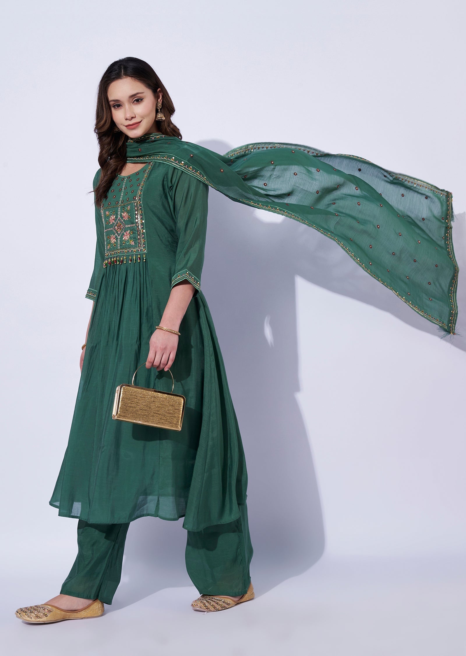 Green Chanderi Anarkali Set