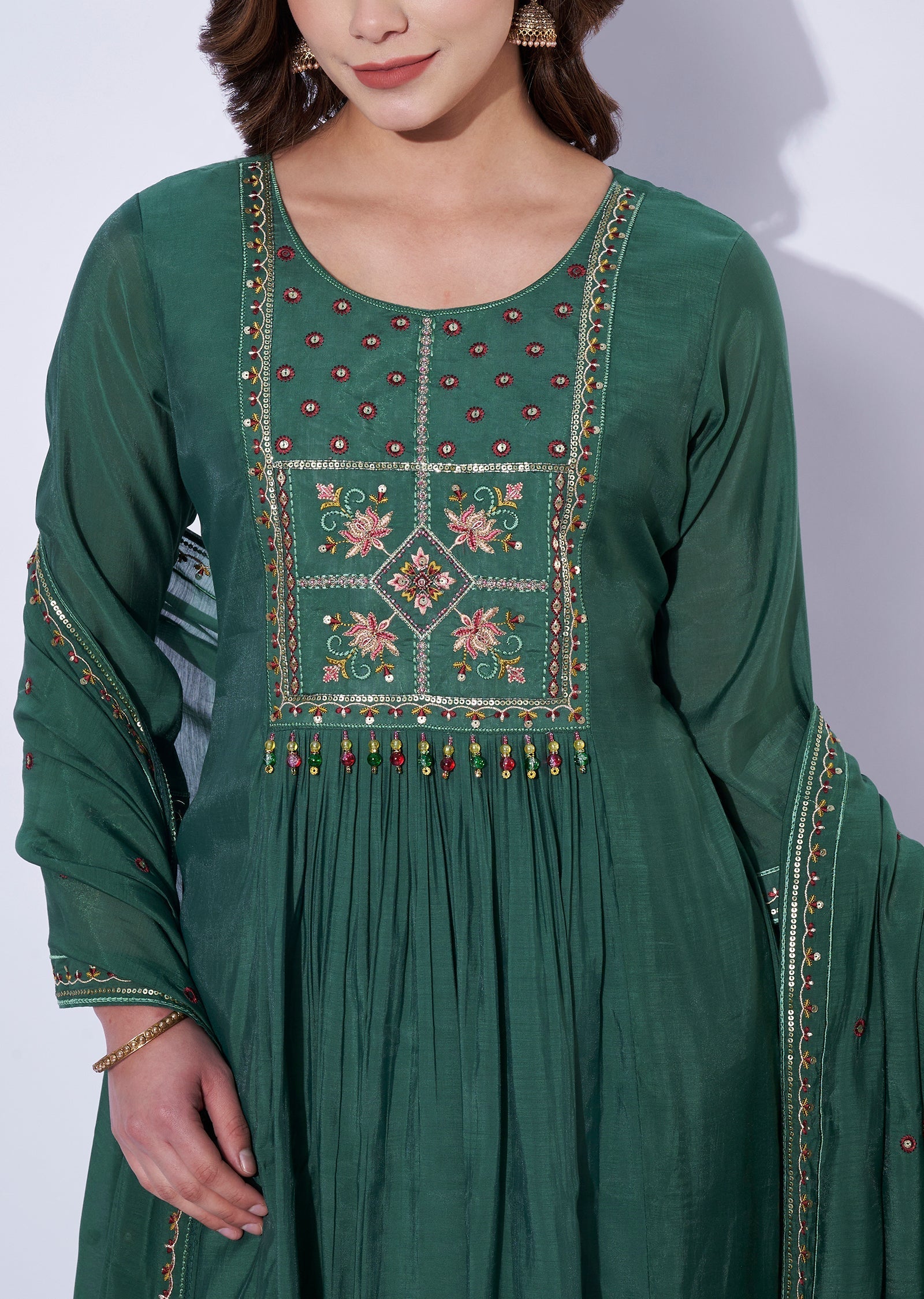 Green Chanderi Anarkali Set