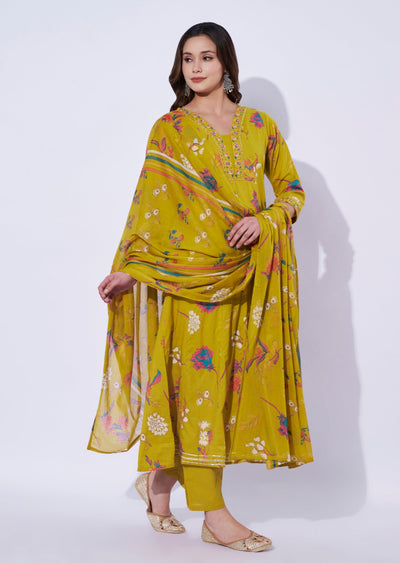 Mustard Cotton Anarkali Set