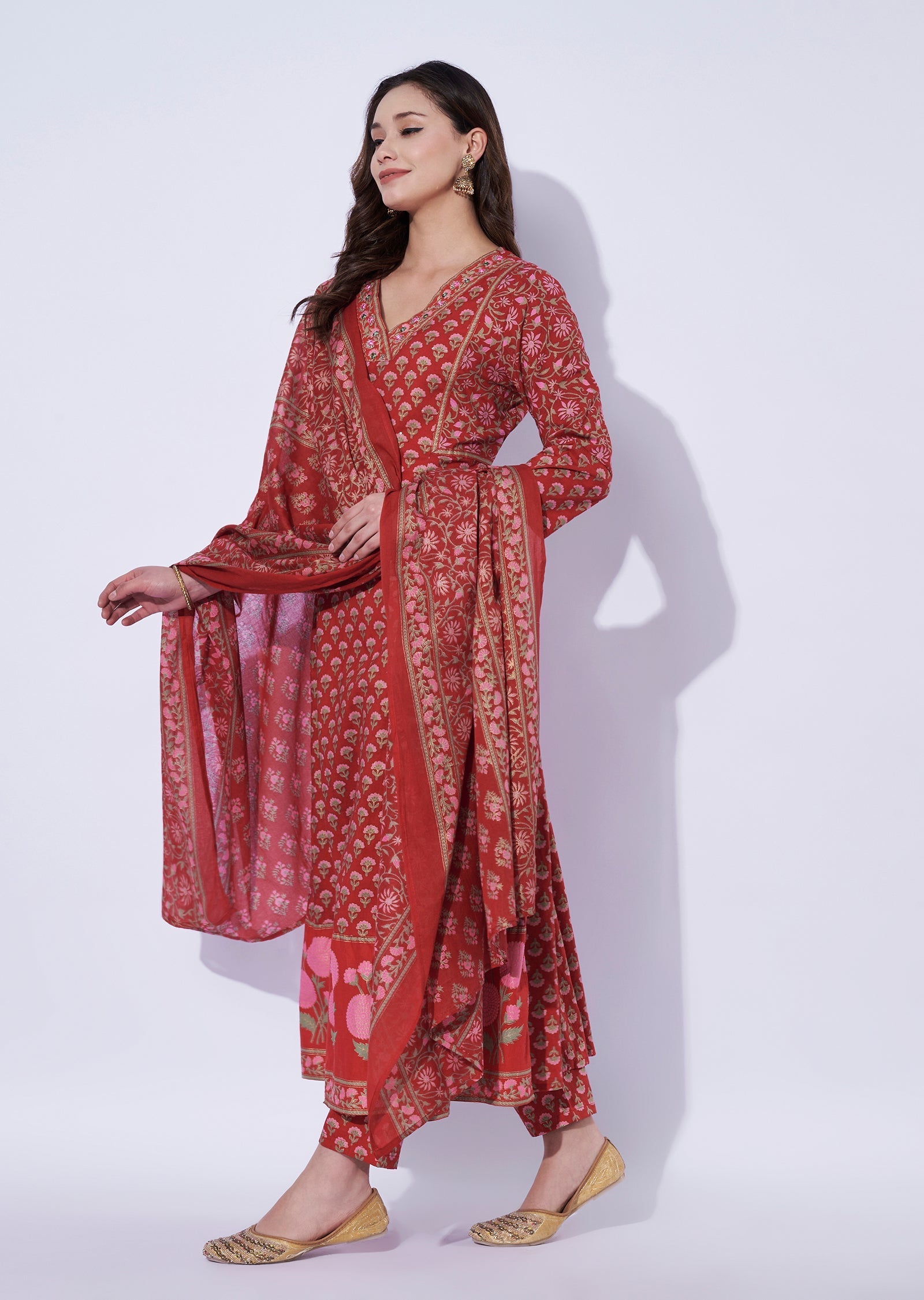 Red Cotton Anarkali Set