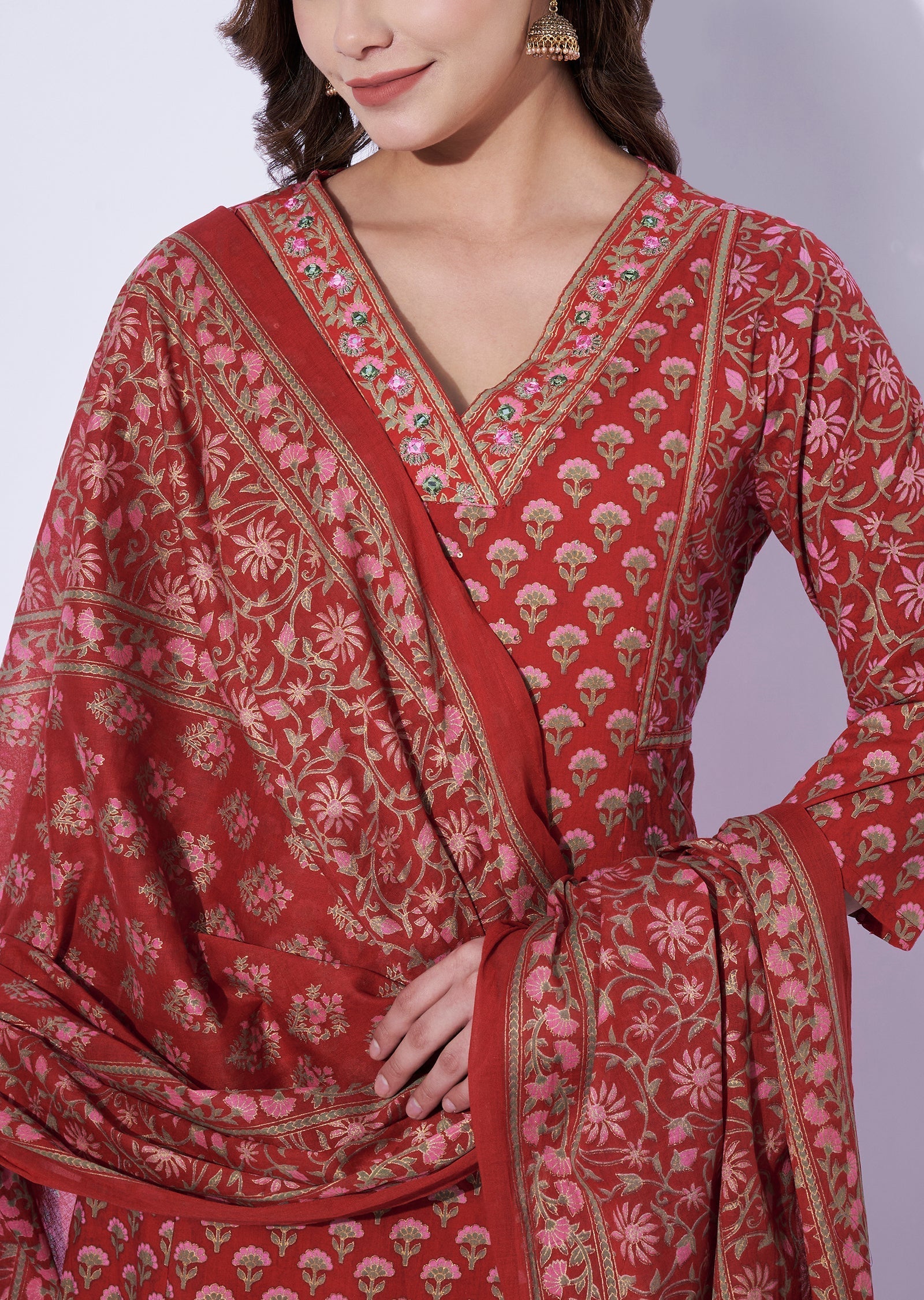 Red Cotton Anarkali Set