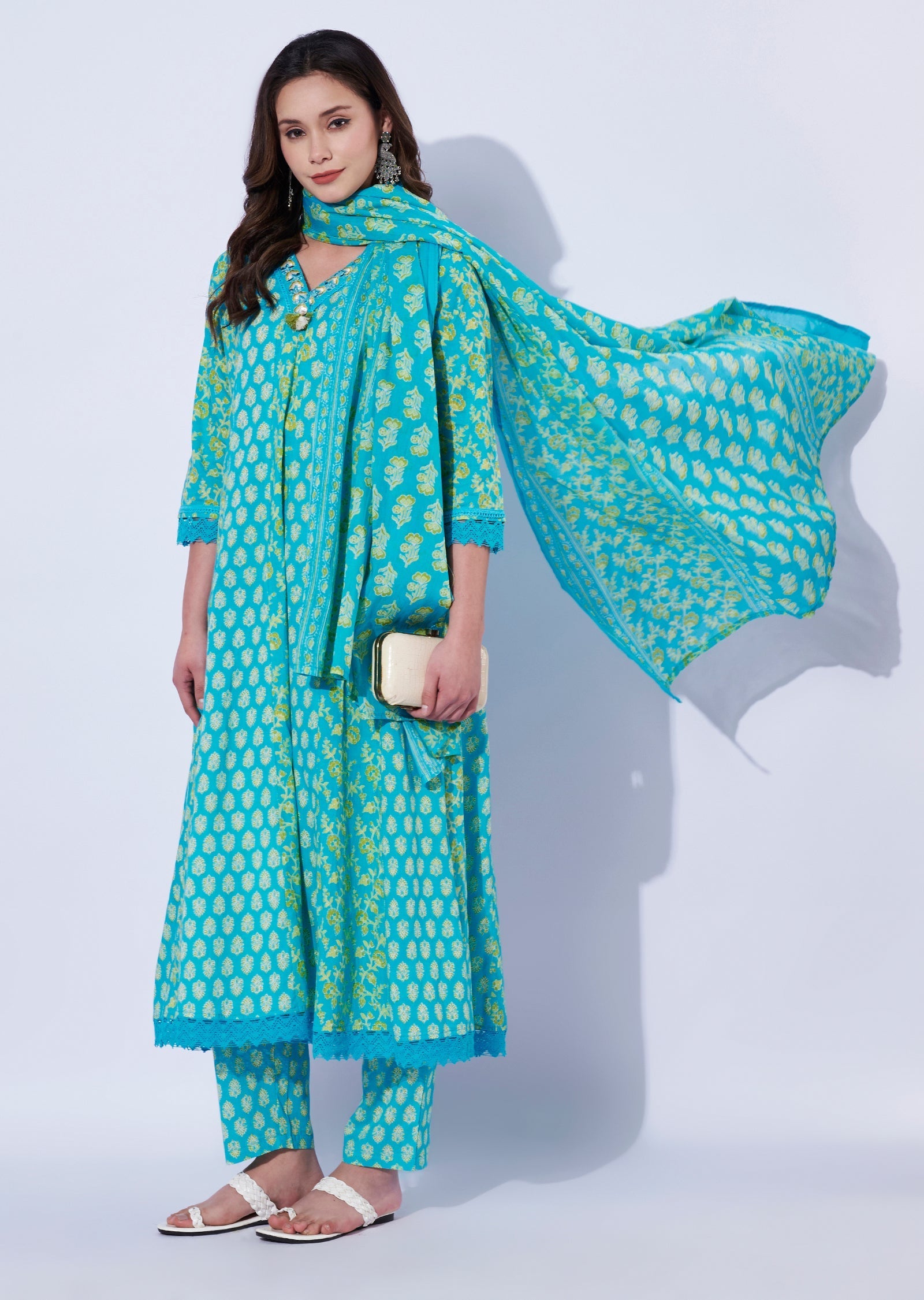 Blue Cotton Anarkali Set