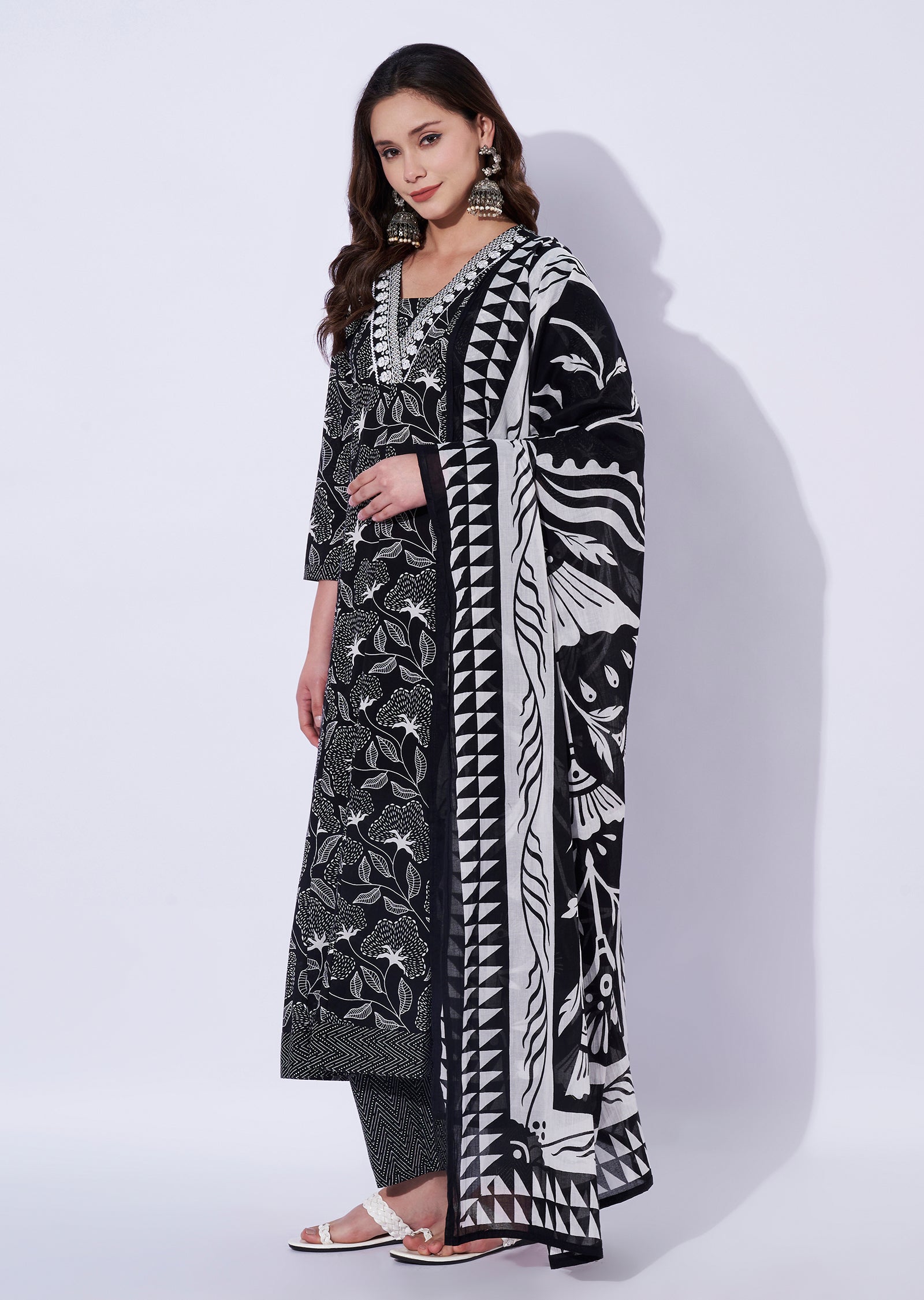 Black Cotton Anarkali Set