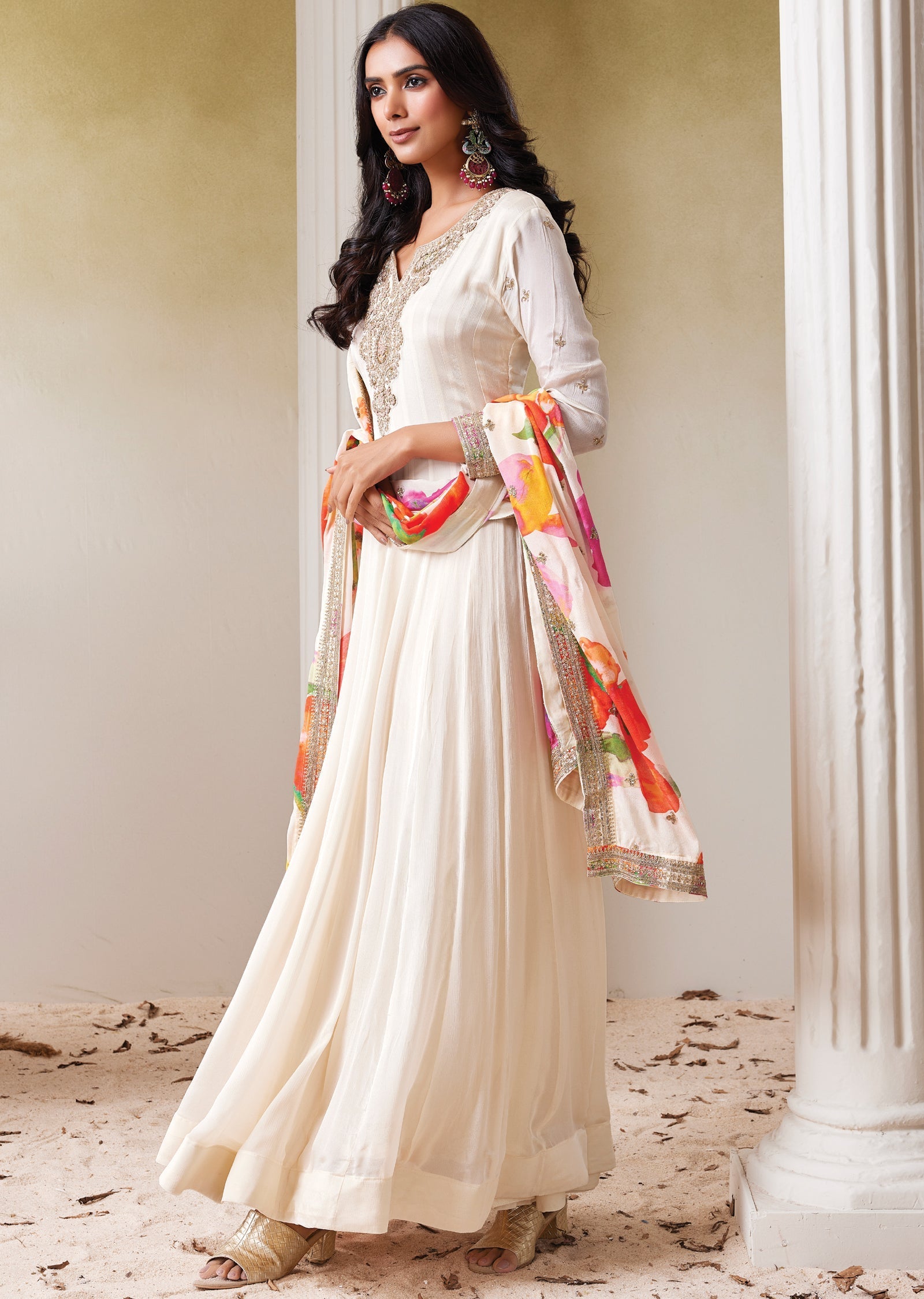 Cream Chinnon Anarkali (No Bottom)