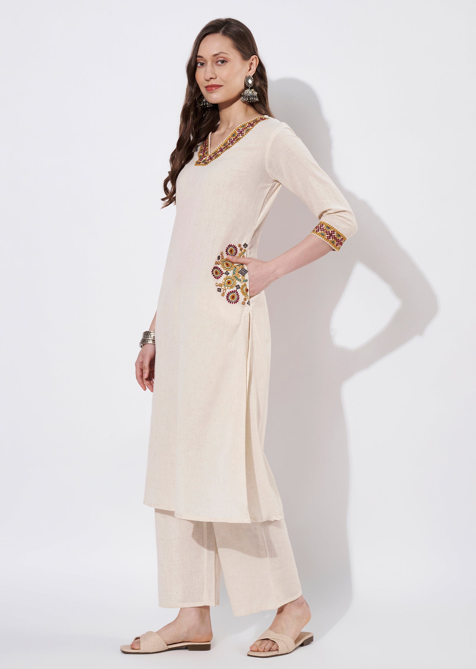 Beige Cotton Straight cut set