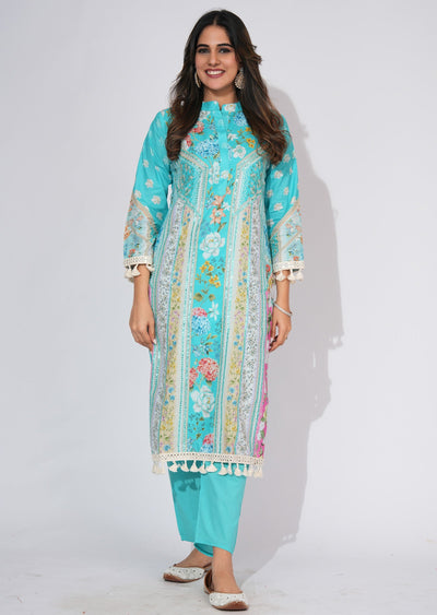 Sea Green Cotton Straight cut Kurti set