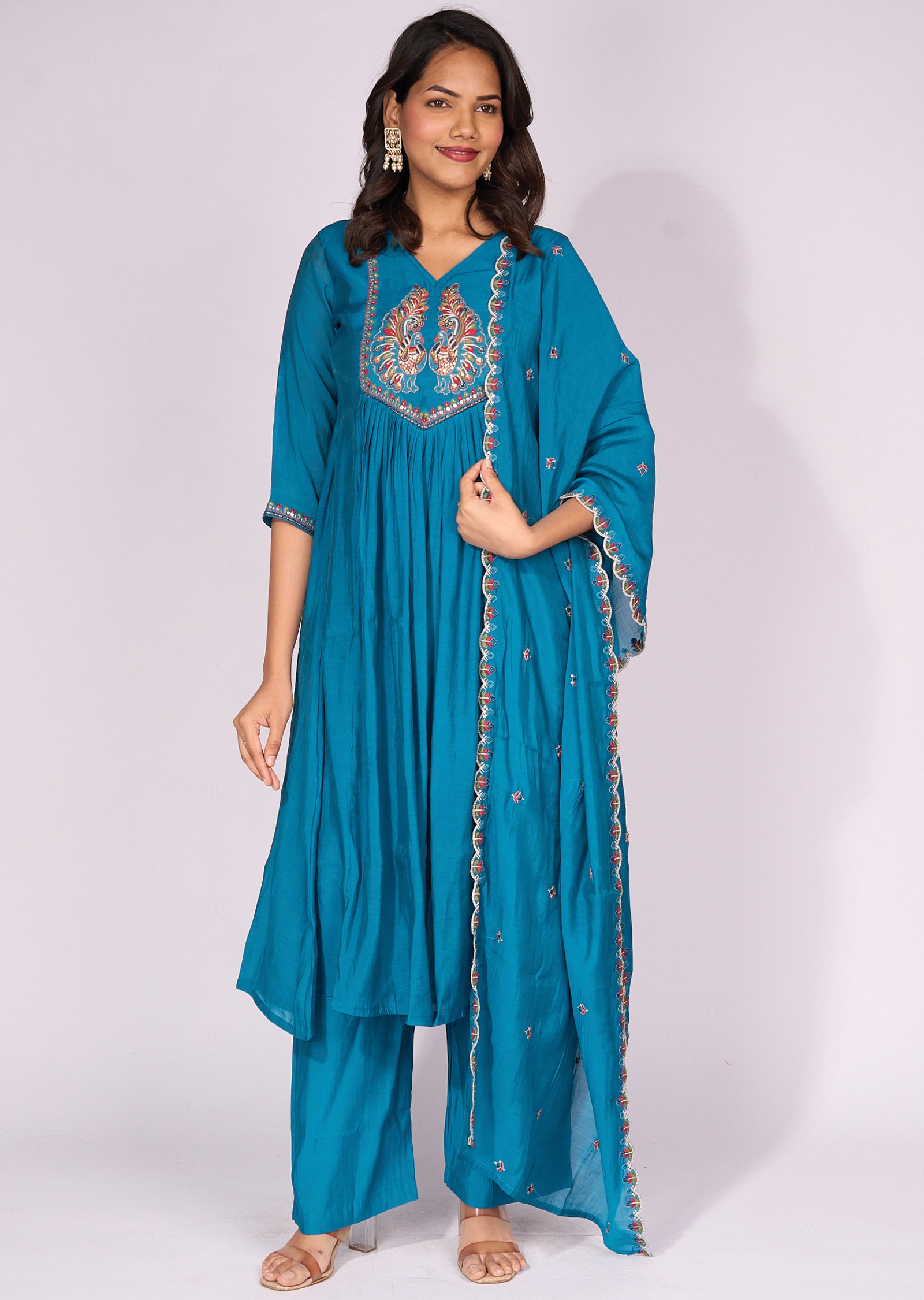 Rama Blue Silk Anarkali Suit