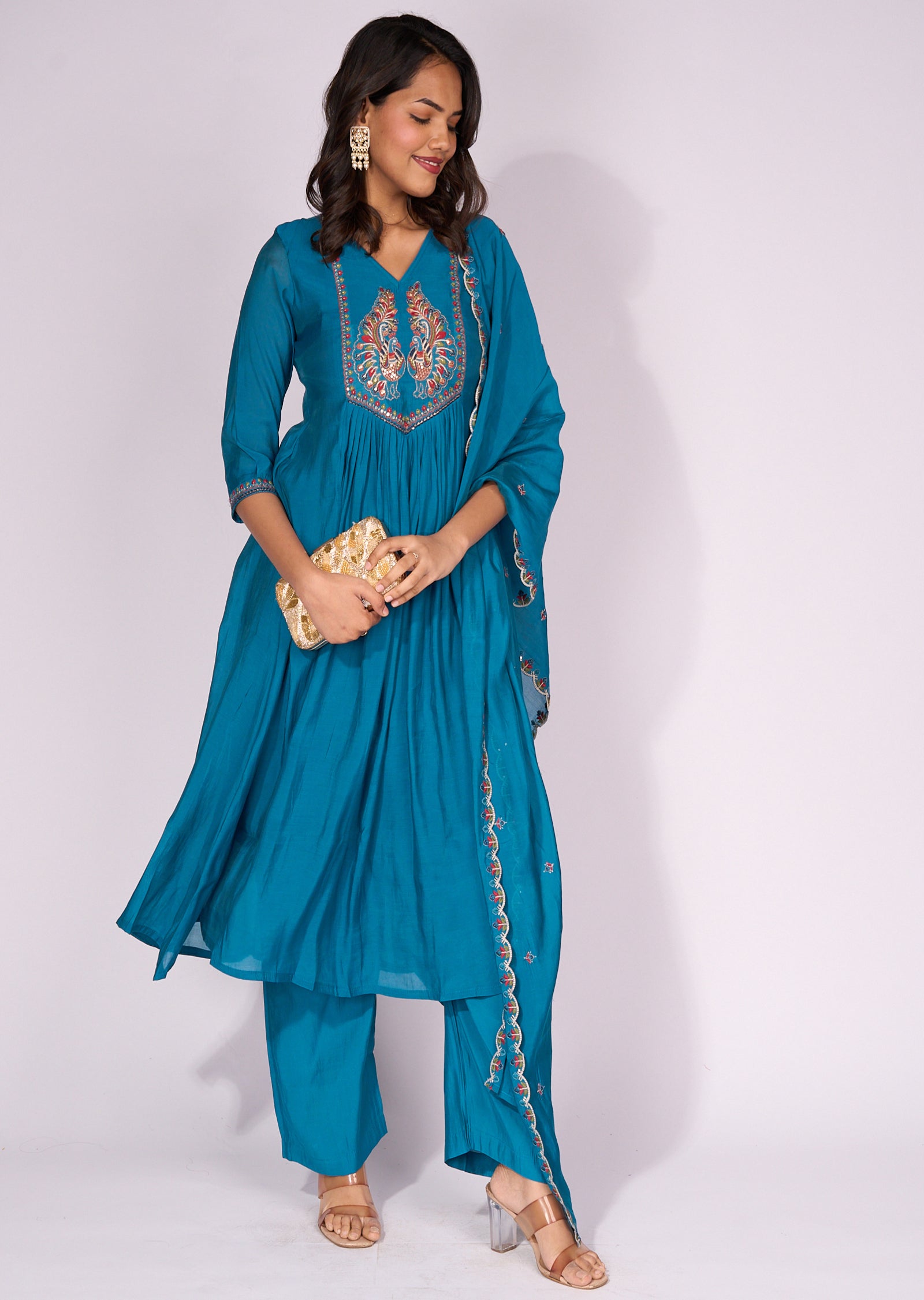 Rama Blue Silk Anarkali Suit
