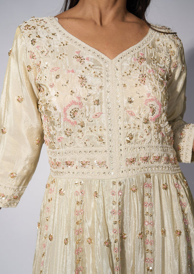 Cream Tissue Front slit Anarkali